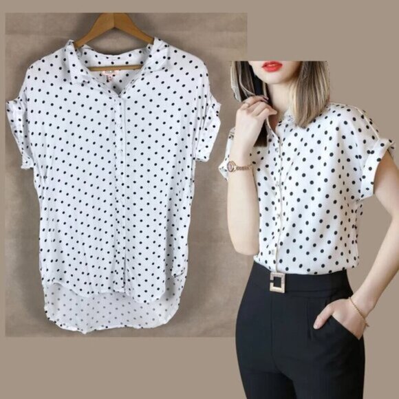 PER SE Short Sleeve Polka Dot Button-front Top NWT MEDIUM - Picture 1 of 9